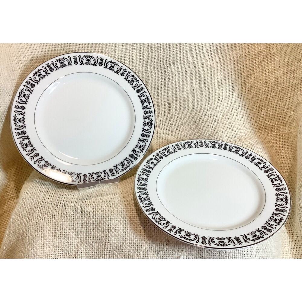 Vintage set of 2 TREASURE CHEST Majestic 3001 appetizer plates black white silvr